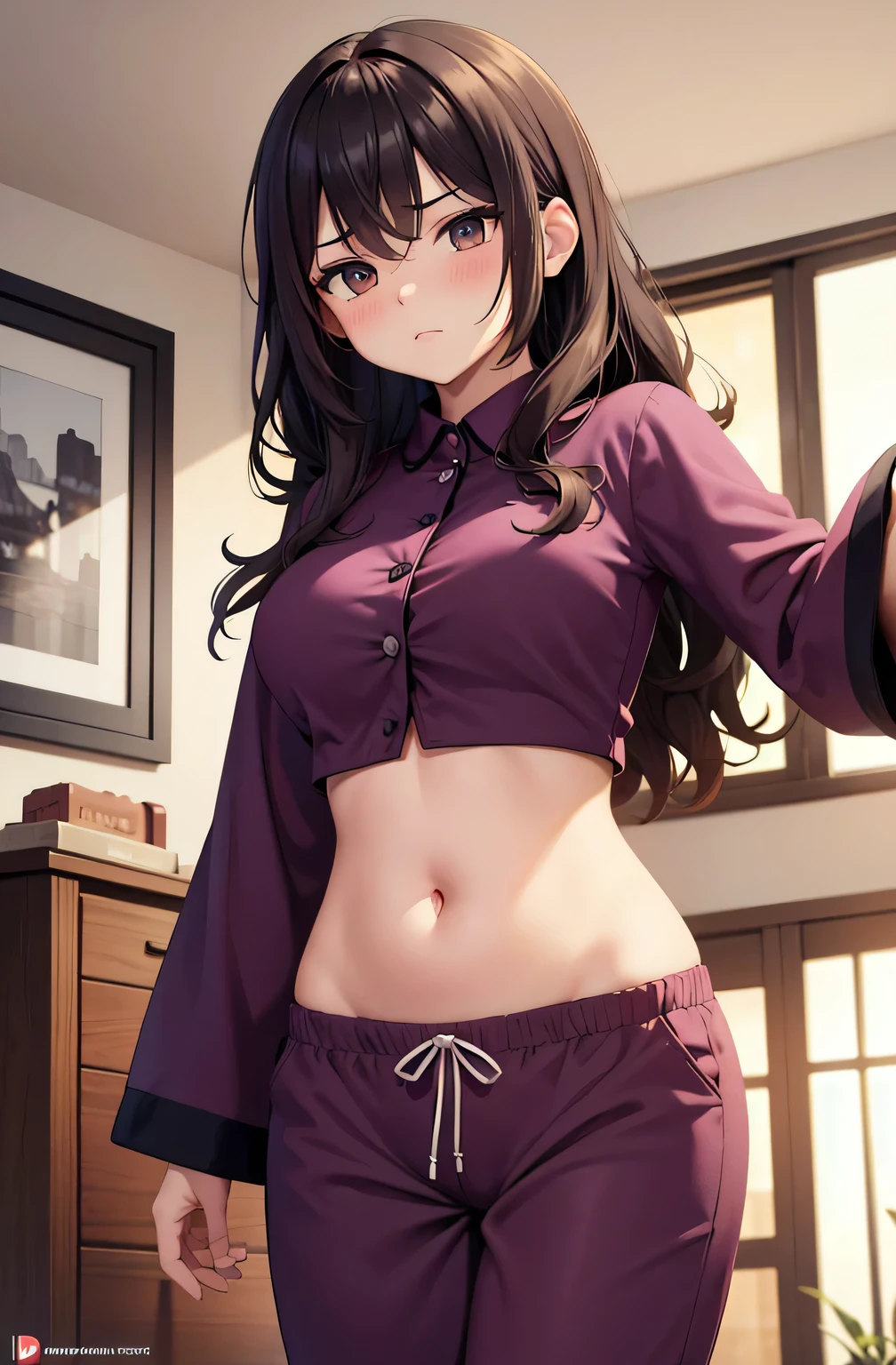 super fine illustration, vibrant colors, masterpiece, sharp focus, best quality, depth of field, cinematic lighting, ultra detailed, sleeves, crop top, pajamas, button-up, pajama pants, drawstring, belly, navel, midriff, wide hips, 1 woman, home, solo, milf, very messy hair, dark color hair, long hair, curly hair, blush, angry, room, indoors, pouting, mature female, tall woman, medium breasts, hip rest