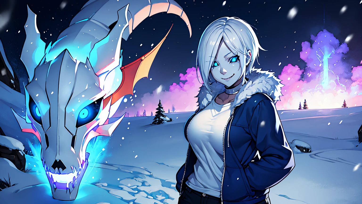 Toby Fox Undertale Sans blue jacket white shirt,Fire eyes skull smile white short hair glowing sexy eyelashes dragon skull cannon one standing in the snow town Femininefull big breast breast enlargement full-body shot illustration, ultra-detailed, HDR, vibrant colors, soft lighting