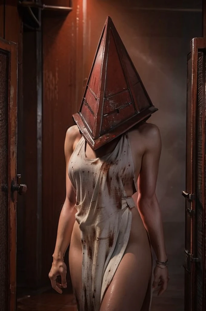 Grainy horror movie still,,scene from Silent Hill, blood wet dripping Pyramid Head as a woman wearing a large triangular rusted metal helmet blood splatters and a wet white bandeau,wet short brown leather skirt, many veins on skin, wet skin dripping, cutesy dynamic pose,perspiration,wet sweating, raining wet background is a wet rusty bloody hallway of mesh fence,air raid siren on wall,large vent with circular fan blades.orange light from behind,steam and smoke,dim atmosphere,red lighting,red filter.