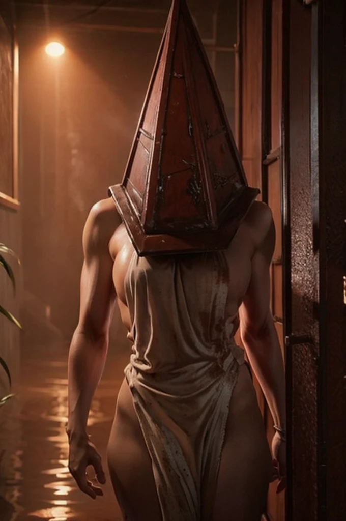 Grainy horror movie still,,scene from Silent Hill, blood wet dripping Pyramid Head as a woman wearing a large triangular rusted metal helmet blood splatters and a wet white bandeau,wet short brown leather skirt, many veins on skin, wet skin dripping, cutesy dynamic pose,perspiration,wet sweating, raining wet background is a wet rusty bloody hallway of mesh fence,air raid siren on wall,large vent with circular fan blades.orange light from behind,steam and smoke,dim atmosphere,red lighting,red filter.