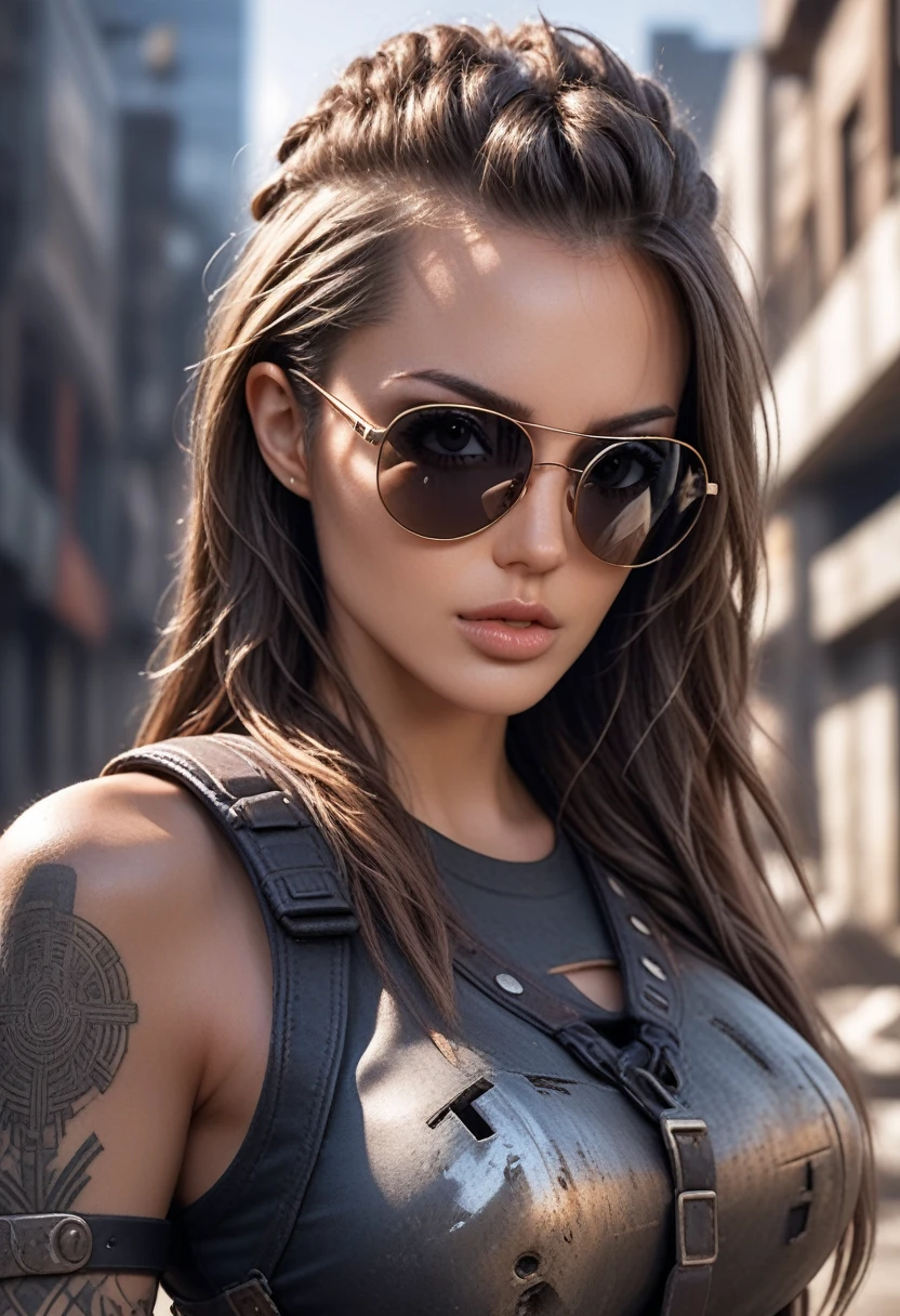 a hyper realistic ultra detailed photograph of a futuristic beautiful barbarian woman wearing sunglasses at a dystopian city, tattered outfit with rusty metal armor plates, long wild hair, tattooed hands and body, fashion pose, detailed symmetric beautiful hazel eyes, detailed gorgeous face, apocalyptic environment, exquisite detail, 30-megapixel, 4k, Canon EOS 5D Mark IV DSLR, 85mm lens, sharp focus, intricately detailed, long exposure time, f/8, ISO 100, shutter speed 1/125, diffuse back lighting, award winning photograph, facing camera, looking into camera, monovisions, perfect contrast, High sharpness, facial symmetry, depth of field, ultra-detailed photography, raytraced, global illumination, TanvirTamim, smooth, ultra high definition, 8k, unreal engine 5, ultra sharp focus, award-winning photograph, trending on artstation