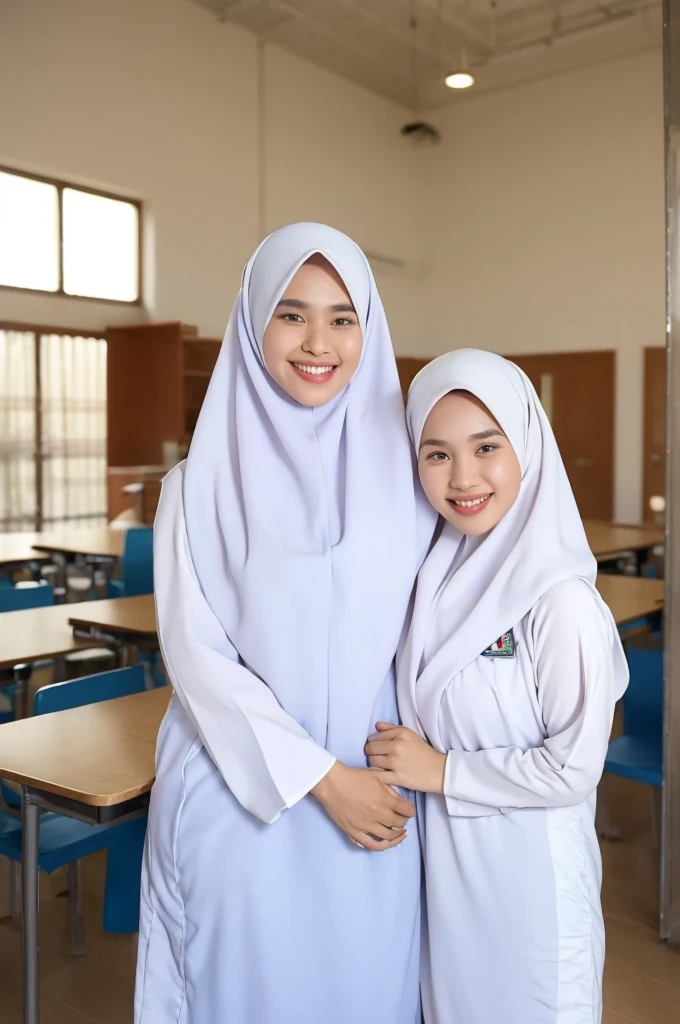 a half body portrait, of a woman indoor, in an classroom, ((perfect face)), ((perfect teeth)), ((perfect body anatomy)), warm lighting, looking at viewer, smiling, (((baju kurung, white hijab:1.2))), standing and carrying a black school bag