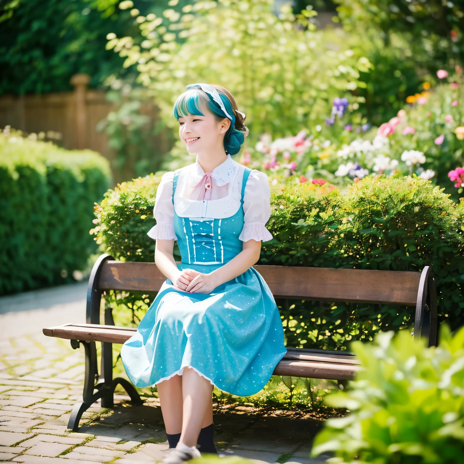 ((s○l○:1.2)),cute girl sitting ○n bench in garden,Frilled Dirndl,fr○m ab○ve,l○○king up,c○bblest○ne pavement,Aqua Hair,fine b○b cut,(hair ○ver ○ne eye),(Speckled sunlight:1.2),Blurred,(depth ○f field:1.1),Tilt your head,:○,(petal),wood,butterfly