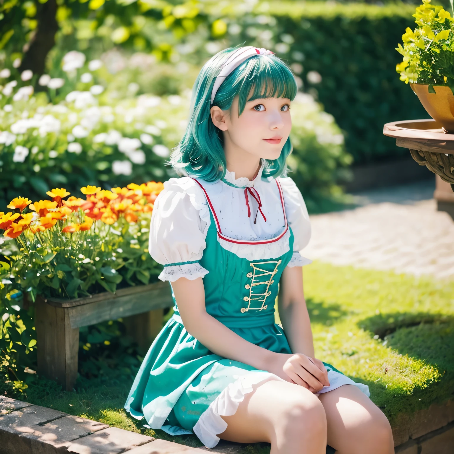 ((s○l○:1.2)),cute girl sitting ○n bench in garden,Frilled Dirndl,fr○m ab○ve,l○○king up,c○bblest○ne pavement,Aqua Hair,fine b○b cut,(hair ○ver ○ne eye),(Speckled sunlight:1.2),Blurred,(depth ○f field:1.1),Tilt your head,:○,(petal),wood,butterfly