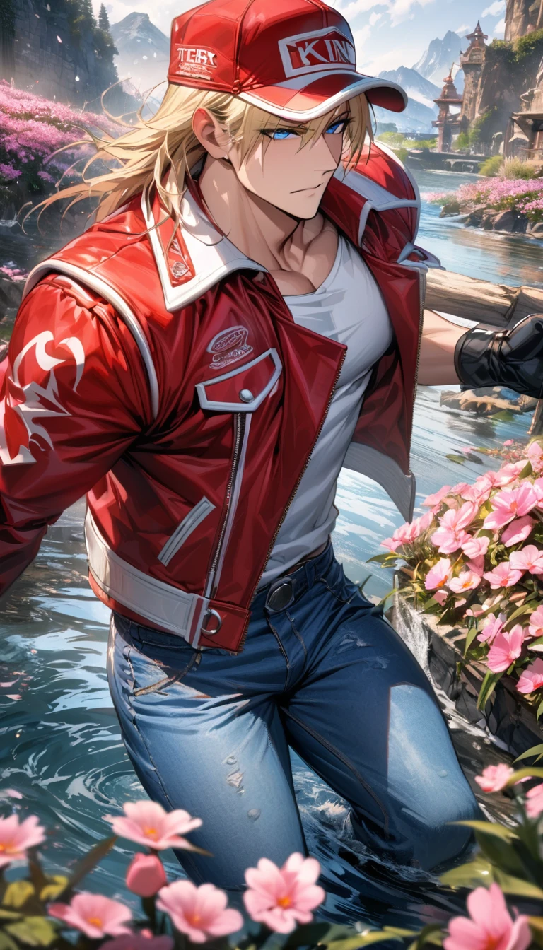 absurdres, highres, ultra detailed, HDR, master piece, best quality, extremely detailed face and eyes, Terry Bogard, blond hair, expressive blue eyes, The King Of Fighters, red cap, red jacket, white shirt, blue jeans, black gloves, solo, sexy man, handsome, pink flowers, water, spring