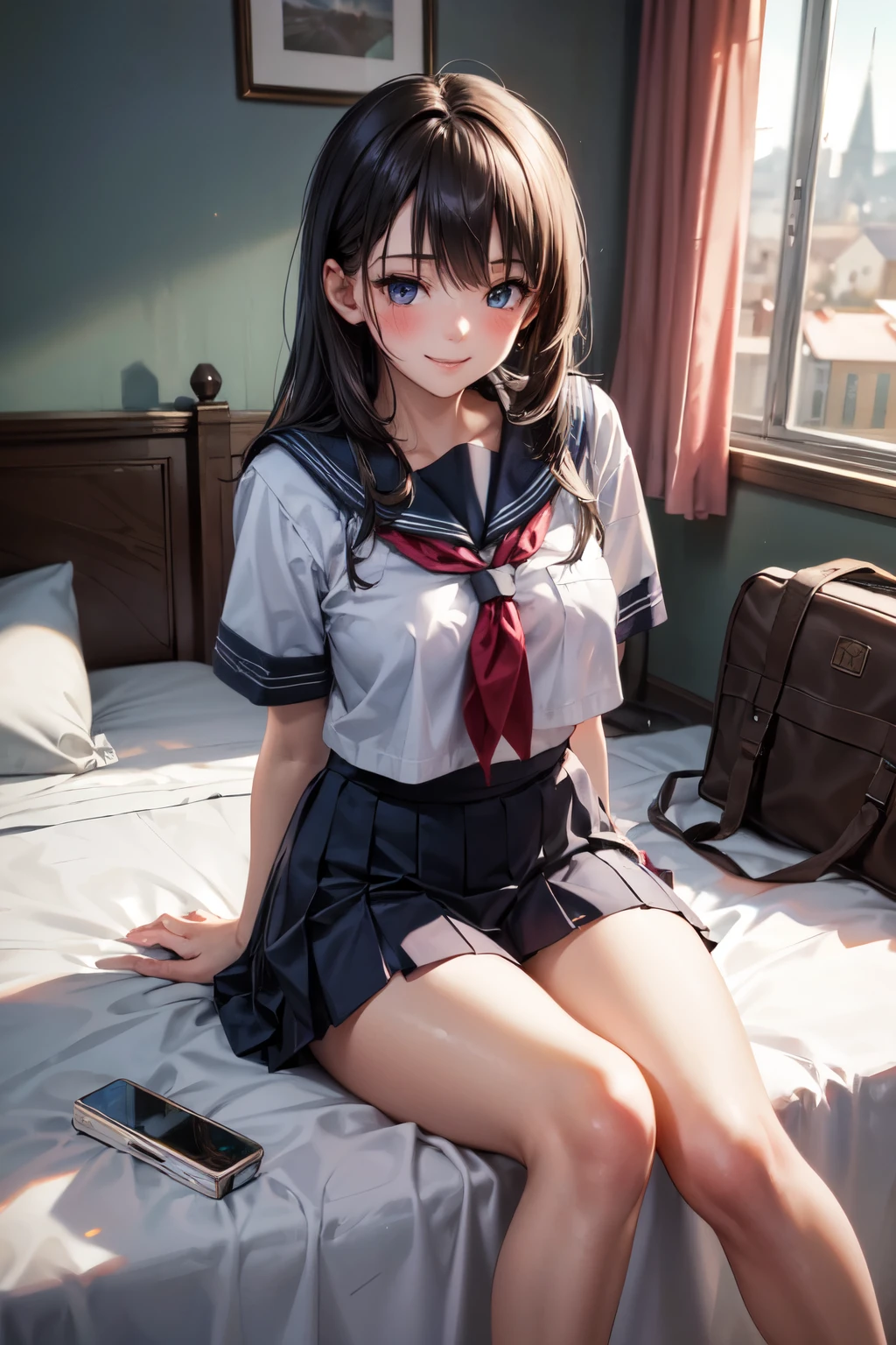 very cute and beautiful girl,(highly detailed beautiful face and eyes),
(seductive smile:1.2),blush,embarrassed,looking at viewer,black hair,serafuku,short sleeve,pleated navyblue mini skirt,
sitting on bed sheet,arms behind back,school bag,pouch,antique hotel bedroom,window,distant town view,
(best quality,masterpiece),absurdres,highres,ultra-detailed,extremely detailed,32k,8k resolution,
intricate details,cinematic scene,detailed background,solo,dynamic angle,realistic,