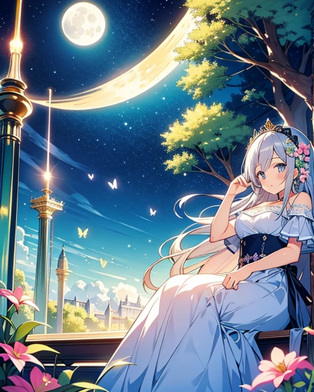 (masterpiece), (highest quality:1.2), (One girl), have a good time,butterfly, Flowers around,(full moon), iconic symbol, detailed, imaginative fantasy landscape, Fairy tale illustration, ink, Painting