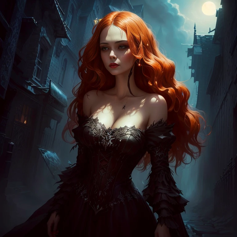Close-up of a woman in a dress walking down the street, dark Fantasy style art, Dark Fantasy Art, in style of Dark Fantasy Art, gothic fantasy art, Dark Fantasy Artwork, dark fantasy horror art, Fantasy Dark Art, dark fantasy illustration, fantasy horror art, 4k fantasy art, Fantasy style art, Dark Fantasy Oil Painting, Horror fantasy art