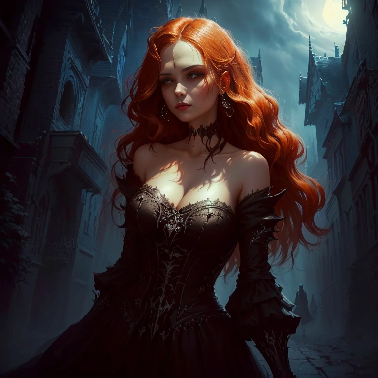 Close-up of a woman in a dress walking down the street, dark Fantasy style art, Dark Fantasy Art, in style of Dark Fantasy Art, gothic fantasy art, Dark Fantasy Artwork, dark fantasy horror art, Fantasy Dark Art, dark fantasy illustration, fantasy horror art, 4k fantasy art, Fantasy style art, Dark Fantasy Oil Painting, Horror fantasy art