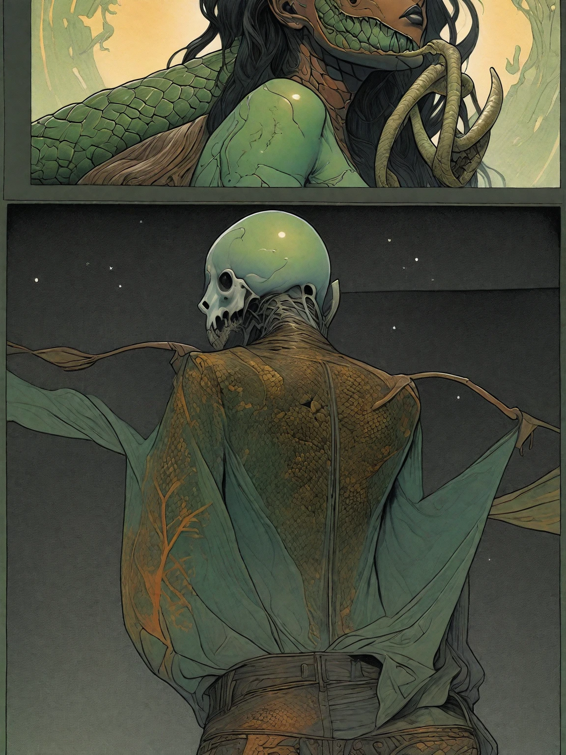 Medusa, splash page decompressed comic cover art, ink style figure,((expressive Joelle Jones and "Sean Gordon Murphy" comic drawing)), wordless, cinematic poster, double exposure, optical illusion, image within image, abyss void black no visibility darkness, full length portrait, (background, pine barrens, entropy, rewilding, magic hour sunset, galaxy stars, cosmos), (horror, abstract, surreal, body, cosmic), candid, snake skin dress, morphology anatomy drawn Frederic Delavier musculature anatomical illustration, (face, ornate black metal corpse paint, resembles Grace Jones), (body, Naga, snakefolk, lower body snake tail, snake woman hybrid, bald, hairless, skeleton, snake skin tattoos, piercing eyes, snake pupils, over the shoulder), (colors, bleak muted deep fiery radiant glowing ROYGBIV, forest green, earth brown), craftsmanship nuance, (Gerardo Zaffino charcoal), subliminal orchids, nyctophobia, silhouette