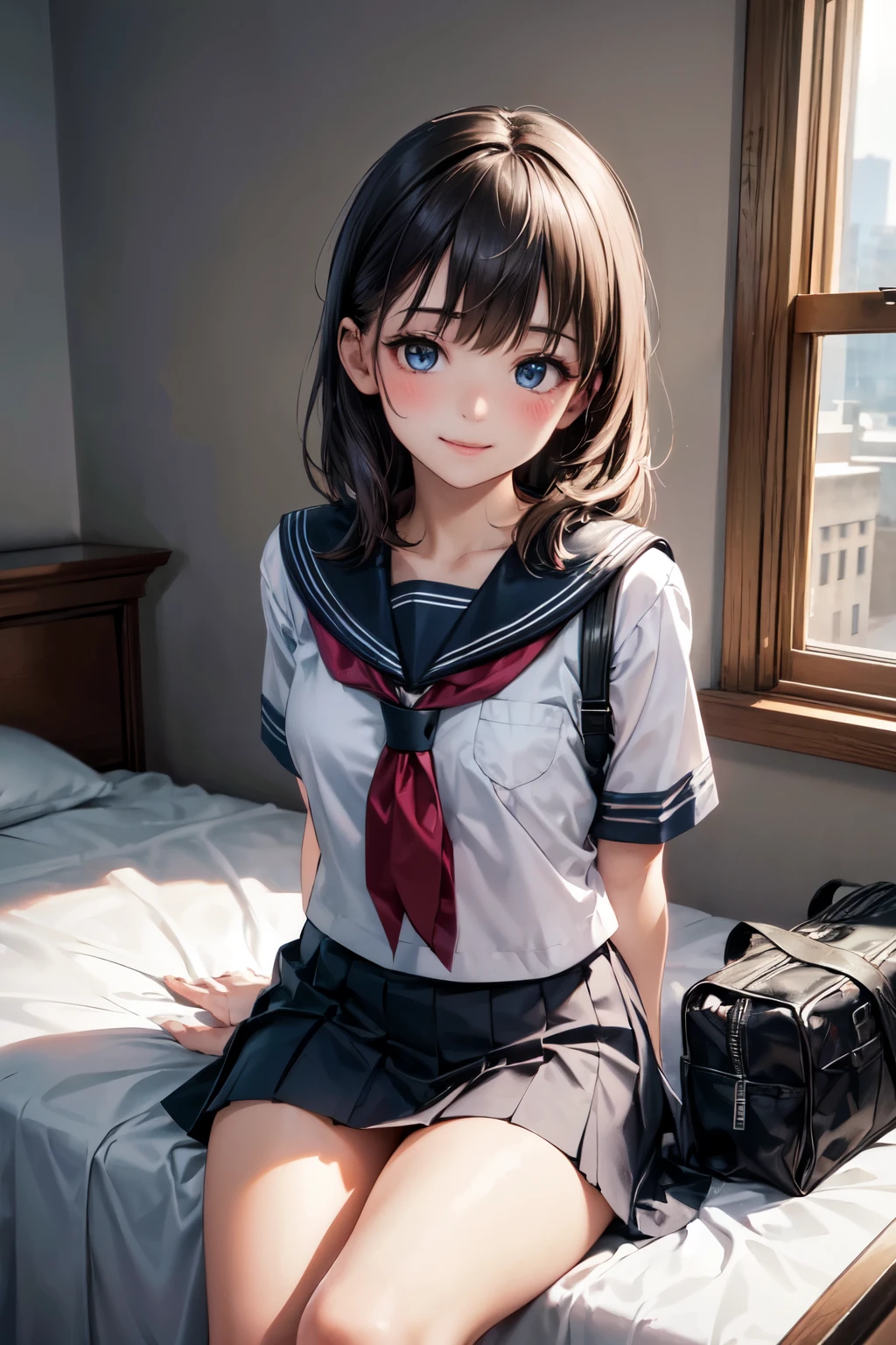 very cute and beautiful girl,(highly detailed beautiful face and eyes),
(seductive smile:1.2),blush,embarrassed,looking at viewer,black hair,serafuku,short sleeve,pleated navyblue mini skirt,
sitting on bed sheet,arms behind back,school bag,pouch,antique hotel bedroom,window,distant town view,
(best quality,masterpiece),absurdres,highres,ultra-detailed,extremely detailed,32k,8k resolution,
intricate details,cinematic scene,detailed background,solo,dynamic angle,realistic,