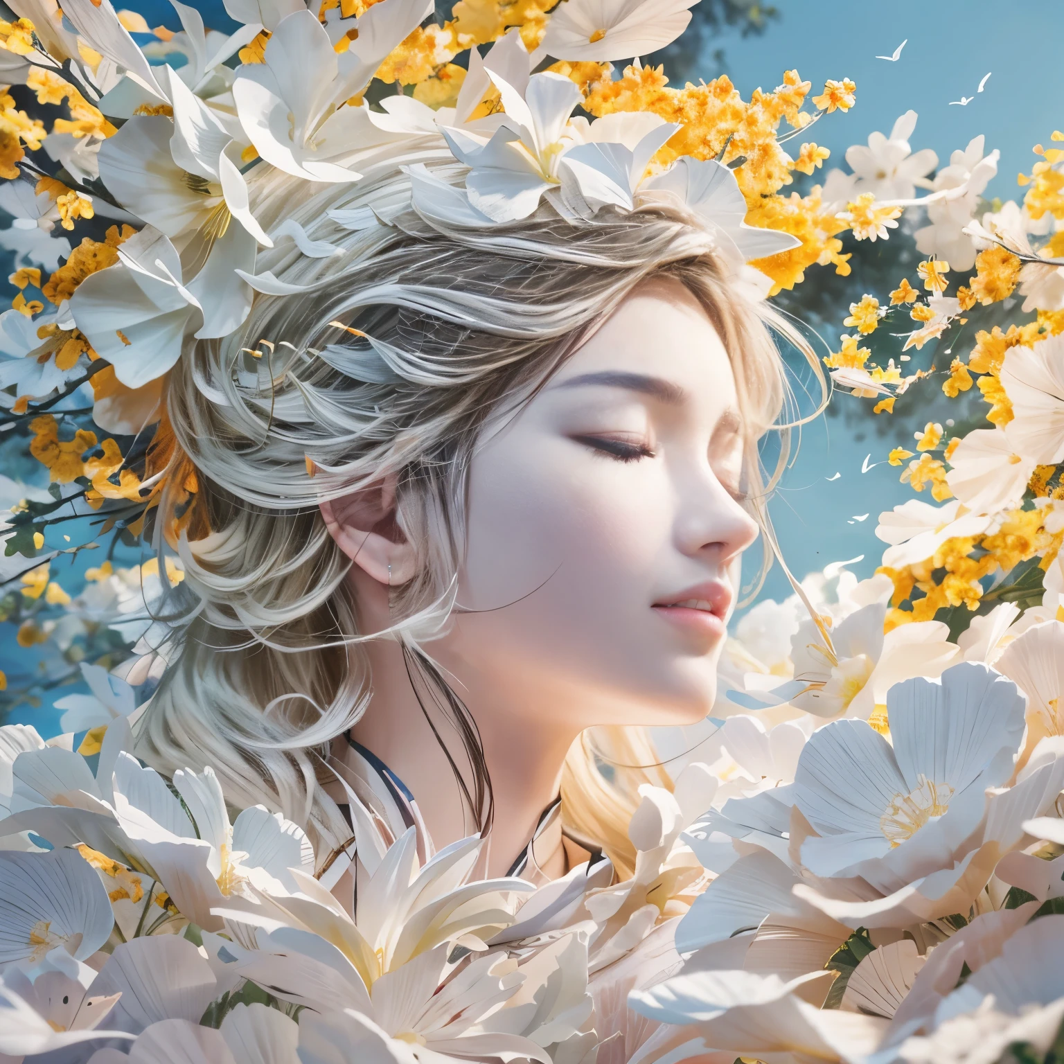 figure: 1.3), Paper Art, 3D Rendering, Sky Background, (Beautiful profile,close your eyes: 1.3), (masterpiece Cloud 1.2) ,masterpiece Sun Colorful, highest quality, Detailed explanation, masterpiece, Official Art, Cinematic lighting effects, 4K, Chiaroscuro , ink, jasmine、