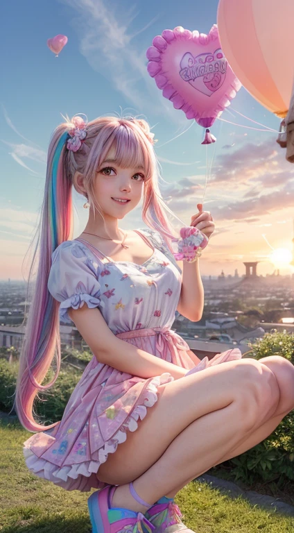 (whole body, legs and shoes visible: 1.2)) Expressive eyes, woman, Pale skin, Long Hair, Windblown Hair, ((absurdly Long Hair)), Long side locks, Princess bangs, Hair bangs, Hair Bun, ((Very long twin tails)), Rainbow Hair, Light pink hair, Blushing, full face Blushing, big sparkling Pastel Purple eyes, (Gradient Eye), Laughing with your mouth open, cute pose, ((Holding a balloon : 1.3))
((cute and pastel fashion)) ((🌞🥳😃🌹🌷🌳 theme : 1.4)) A loose pastel dress, ((Dreamy multi-colored open dress)), (Floating ribbon), Lavender Frills, Pink frills, (Light blue lace), Removable short sleeves, Fluffy skirt, ((Rainbow and star printed skirt : 1.3)), Lolita Skirt, Purple ribbon, ((pom pom ribbon hair ornament : 1.4)), Multiple Bows, Striped lace stockings, (heart型のレッグガーター), cute (Pastel Purple) shoes ((Ultra-detailed clothing and fashion)) I'm watching you, Vintage Girl, Blushing, (Beautiful fine details), (Highly detailed CG Unity 8k wallpaper) (Best Shadow), ((Very delicate and beautiful)), (Detailed light), ((Depth of written boundary)) Big Head, Big bright eyes, Moe, Splash Art, Cinema Lighting, Front view, Volumetric lighting Maximalist photo illustration k resolution High resolution Intricate detailed complex key visuals Accurate linear
((Dreamy pastel sky background, Surrounded by sunset clouds, shooting star, Castle above the clouds)) ((Ultra-detailed landscapes, Foggy clouds, Hung by balloons, heart : 1.3))