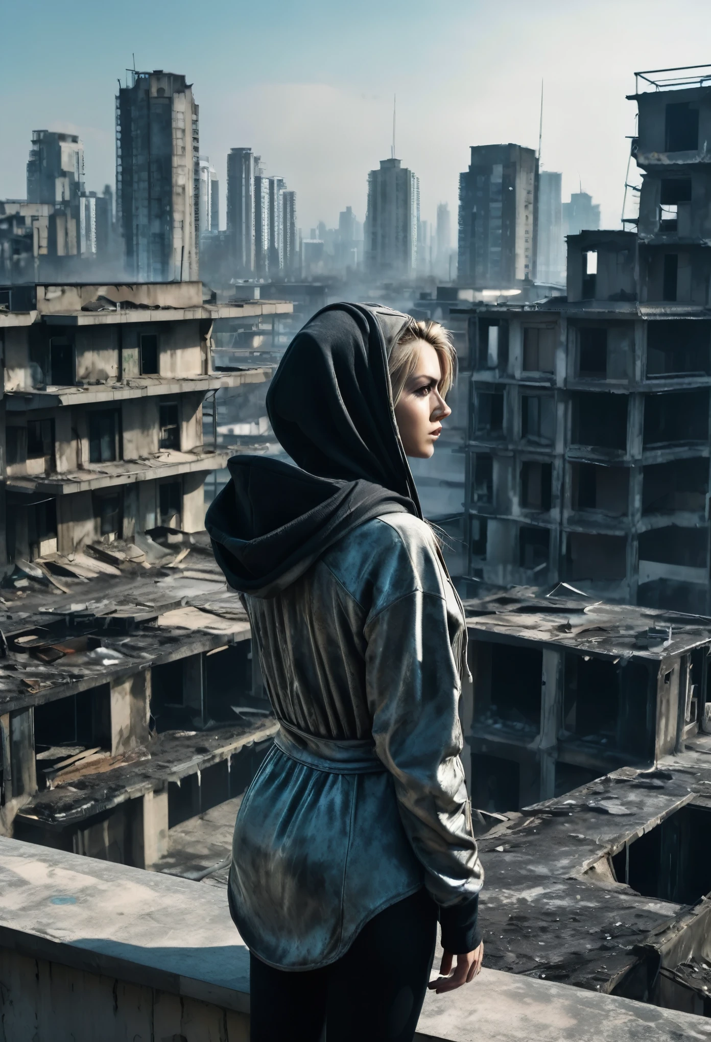 image taken from above and behind the shoulder of a dirty GIRL with her back turned and DRESSED IN a dirty HOOD from a second floor balcony of a dilapidated futuristic building, She is looking at an aerial view of an ultra-futuristic North American megalopolis, distopia, lixo nas ruas, curved buildings in ruins, apocalypse moderno, view of the entire city with many wide, cylindrical buildings and metal houses in dark colors from dark blue to black and in ruins, the apocalyptic city has shades of metal gray, has smoky metal structures , It's raining, there are puddles of water in the streets, apocalyptic industrial environment with smoke and fog around, carros escuros nas ruas, tem viadutos largos e longos e bifurcados no meio da cidade, desert megalopolis, trilhos e trens modernos de de metal passando estre as ruas da cidade, tall futuristic metal buildings, many ultra modern buildings around, , as realistic as possible, As detailed as possible, imagem realista, Science fiction