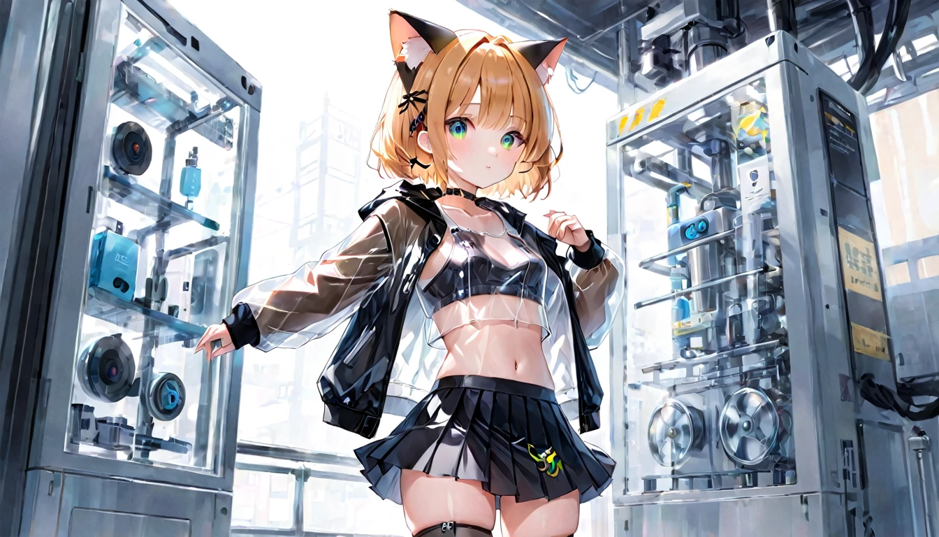 robot、machine、Cat ears girl、See-through jacket、Pleated skirt、Simple underwear