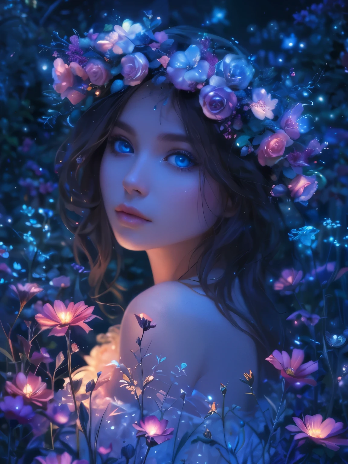 As the goddess mother nature tends to her garden, round blue bioluminescent eyes, she marvels at the beauty of her bioluminescent flowers. The violets and pinks glow in the moonlight, creating a dreamy atmosphere. The roses, with their delicate petals and intoxicating scent, add to the enchantment of this garden. With the AI platform's stylistic rendering, this scene will come to life in a unique and visually stunning way.