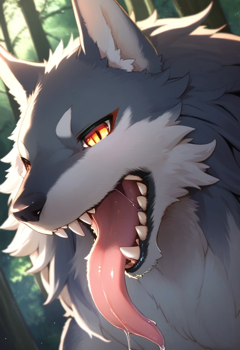 masterpiece, highest quality, highest quality,(Very exquisite beautiful face and eyes),(, kemono,),?????,( Werewolf facial features),forest,Detailed fur expression,Sticking out tongue,solo,Drooling,lick,Long Tongue