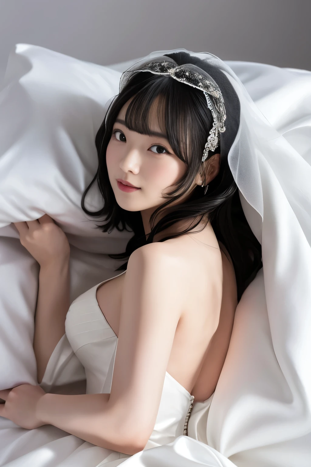 Masterpiece、highest quality、Woman 1、Super detailed、Top view、Gravure idol　Black Hair、Straight Hair、Light bangs　Wedding dress、White Veil　Lying on white sheets、Lie on your back、Gravure pose、Lying Pose　White sheets background