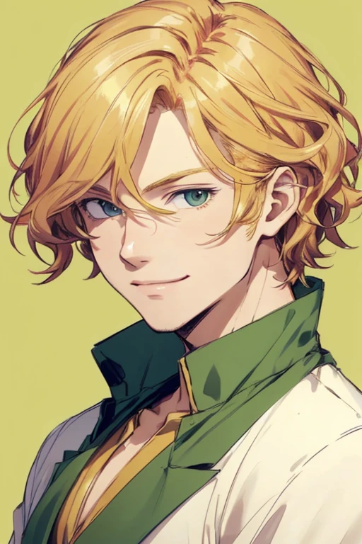 A bust shot of a handsome guy with short, wavy strawberry blond hair, a gentle smile and bright eyes, one that's light green and the other that's ember.
