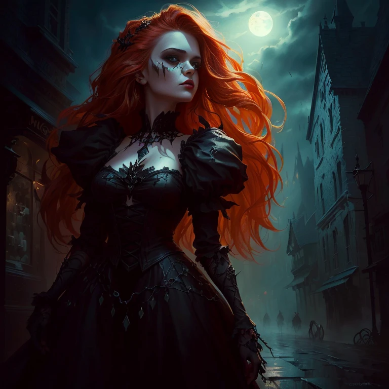 Close-up of a woman in a dress walking down the street, dark Fantasy style art, Dark Fantasy Art, in style of Dark Fantasy Art, gothic fantasy art, Dark Fantasy Artwork, dark fantasy horror art, Fantasy Dark Art, dark fantasy illustration, fantasy horror art, 4k fantasy art, Fantasy style art, Dark Fantasy Oil Painting, Horror fantasy art