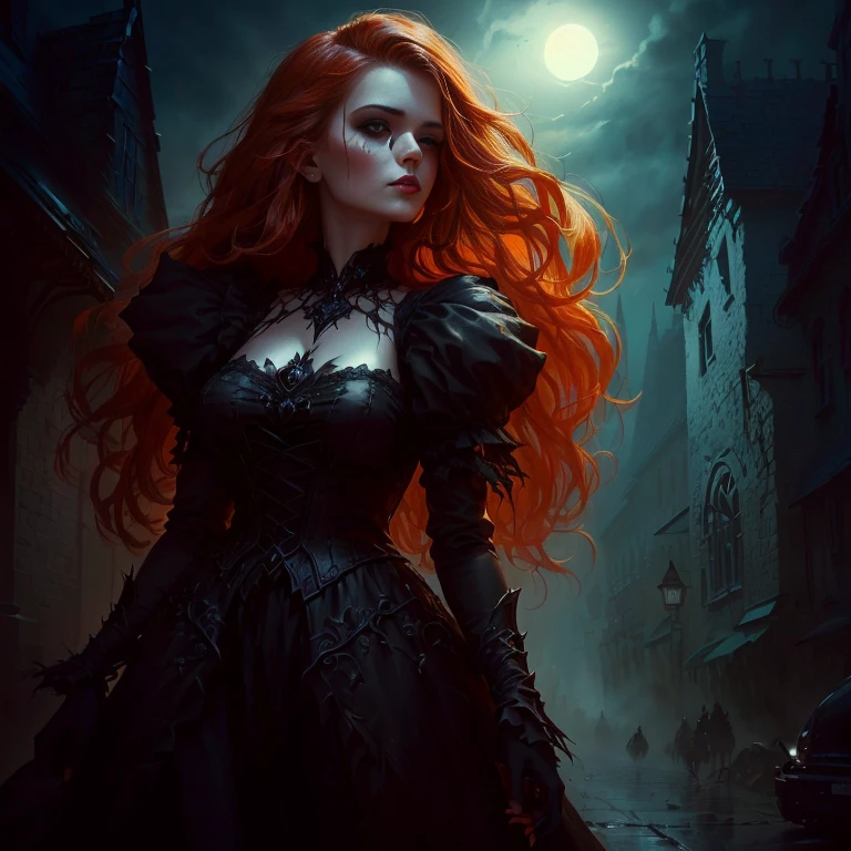 Close-up of a woman in a dress walking down the street, dark Fantasy style art, Dark Fantasy Art, in style of Dark Fantasy Art, gothic fantasy art, Dark Fantasy Artwork, dark fantasy horror art, Fantasy Dark Art, dark fantasy illustration, fantasy horror art, 4k fantasy art, Fantasy style art, Dark Fantasy Oil Painting, Horror fantasy art
