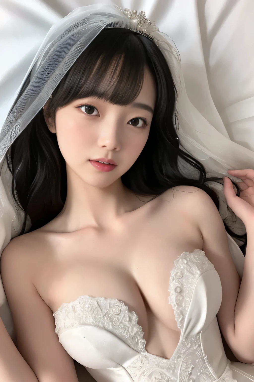 Masterpiece、highest quality、Woman 1、Super detailed、Top view、Gravure idol　Black Hair、Straight Hair、Light bangs　Wedding dress、White Veil　Lying on white sheets、Lie on your back、Gravure pose、Lying Pose　White sheets background