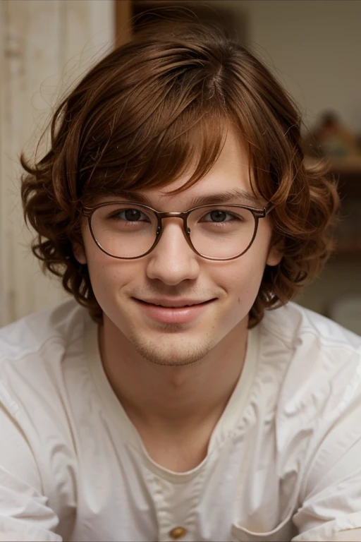 young pretty boy male sweet looking with cute dove eyes and round face and cute cheeks with a cute smile and ginger curly short hair and square glasses