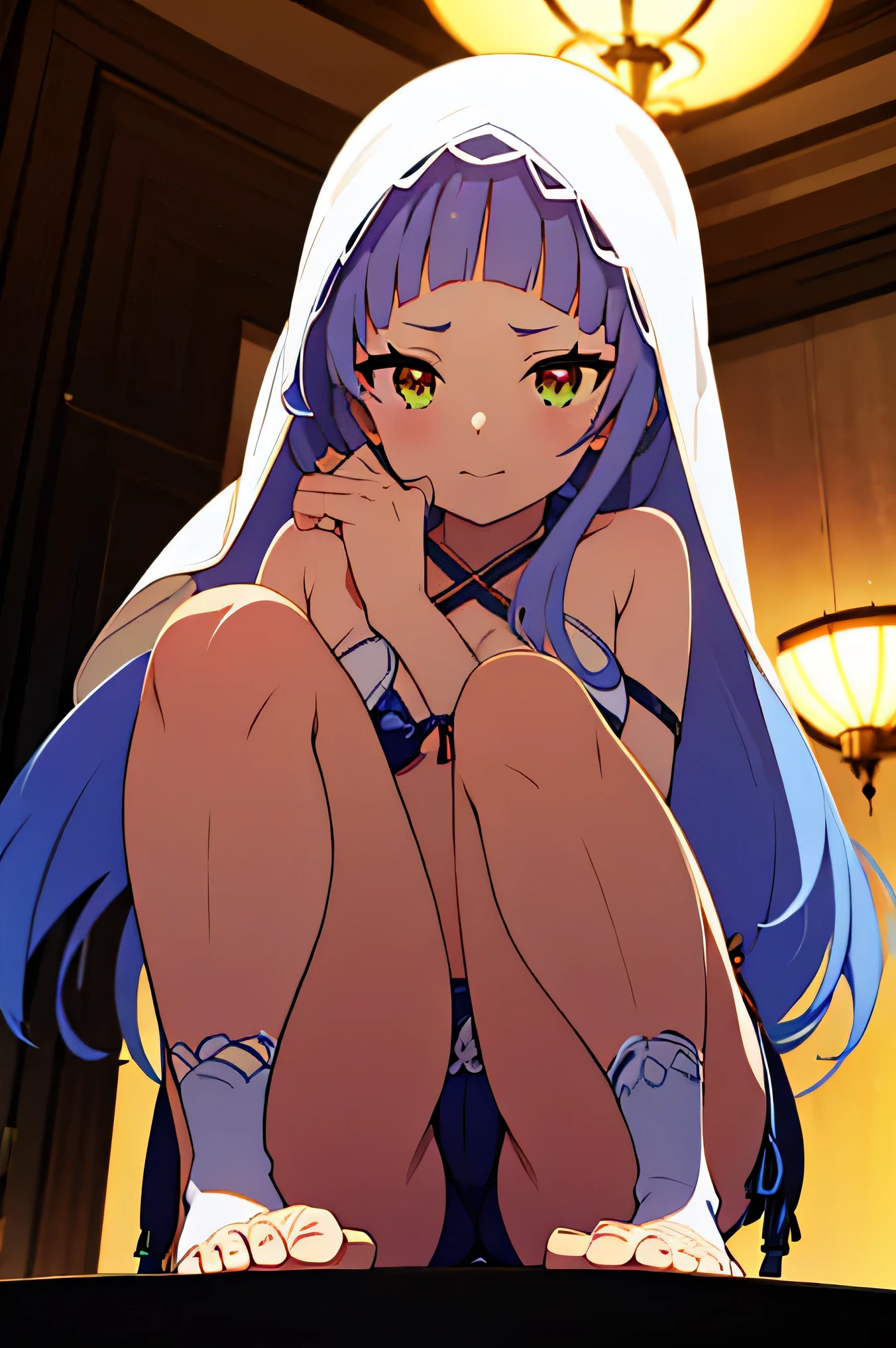 Arabian Bikini、Pole、stage、illumination、Face Veil、Squat with your legs apart、lewd pose