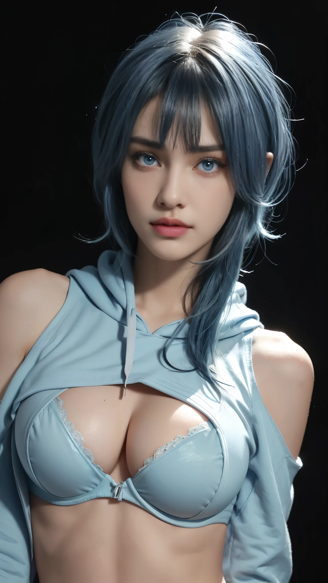 8K, Top Quality, Intricate Details, Ultra Detail, Ultra High Resolution, Masterpiece, close up shot, (full body: 1.1), Slender, Smile, (Makeup: 0.4), (Fluffy Blue Eyes: 1.21), (()), 1girl, solo, 1 girl, ((blue hair, bangs)), close up shot, , ((tall)), (((fit body))), (((slim face))), sharp face, (())  ,(detailed face), sharp face, small lips, , , ,
 ((,hoodie , bra)), , ((,)),detailed face, detailed , , ((large ,  )), , Narrow Waist, Skinny, tall , 175 cm tall,  Muscular, Navel, Exposed Abdomen, Pointed ,, Beautiful girl with accentuated slender abs: 1.4, Six Pack Abs: 1.4, Bust Botox, Big, Perfect Body, detail leg, (( dark background)), black background,