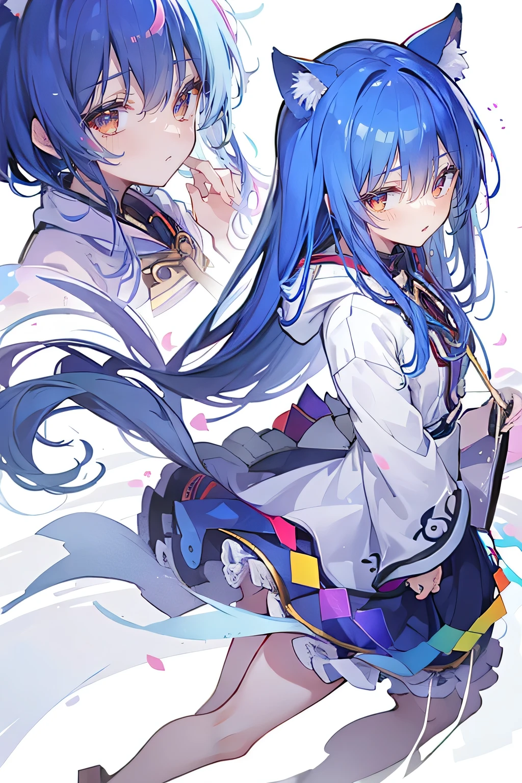 (masterpiece:1.2),Super detailed,lifelike,Expressive eyes,fair skin,perfect face shape,1 girl,
Japanese comics,Gorgeous blue hair,flowing blue hair,flowing clothes,Cat ears,Petals fall,beautiful lola,Baby Angel,
Shaking head with one hand,Cross your legs,Gentle and peaceful background,The pavilion is cool and comfortable,smile, wearing hoodie, background of tokyo,back views,snowing, winter.