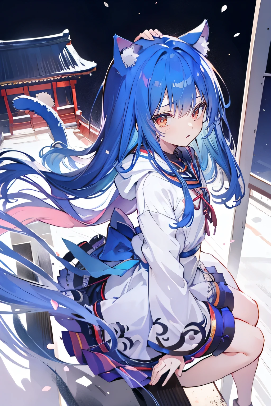 (masterpiece:1.2),Super detailed,lifelike,Expressive eyes,fair skin,perfect face shape,1 girl,
Japanese comics,Gorgeous blue hair,flowing blue hair,flowing clothes,Cat ears,Petals fall,beautiful lola,Baby Angel,
Shaking head with one hand,Cross your legs,Gentle and peaceful background,The pavilion is cool and comfortable,smile, wearing hoodie, background of tokyo,back views,snowing, winter.