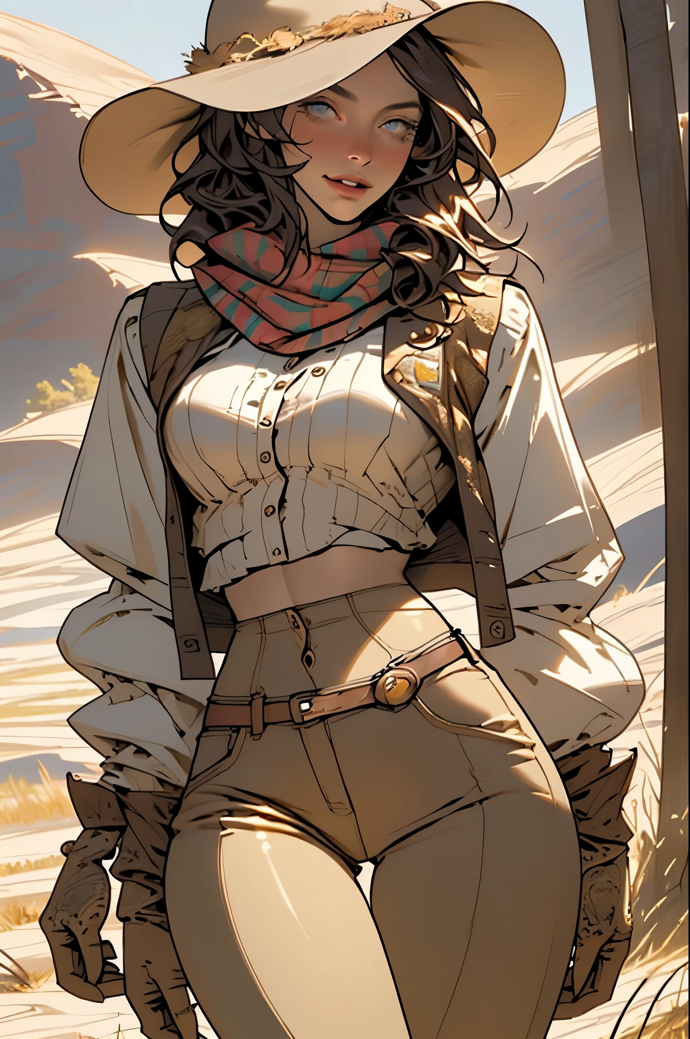 (highest quality, Super detailed, realistic:1.37), outdoor, slim girl, beautiful face, detailed and beautiful eyes, beautiful detailed lips, cowboy hat, vest with fringes, slim waist, slender thighs, thigh gap, show belly, pants, scarf, With confidence, medium chest, dusty farm landscape, golden hour lighting