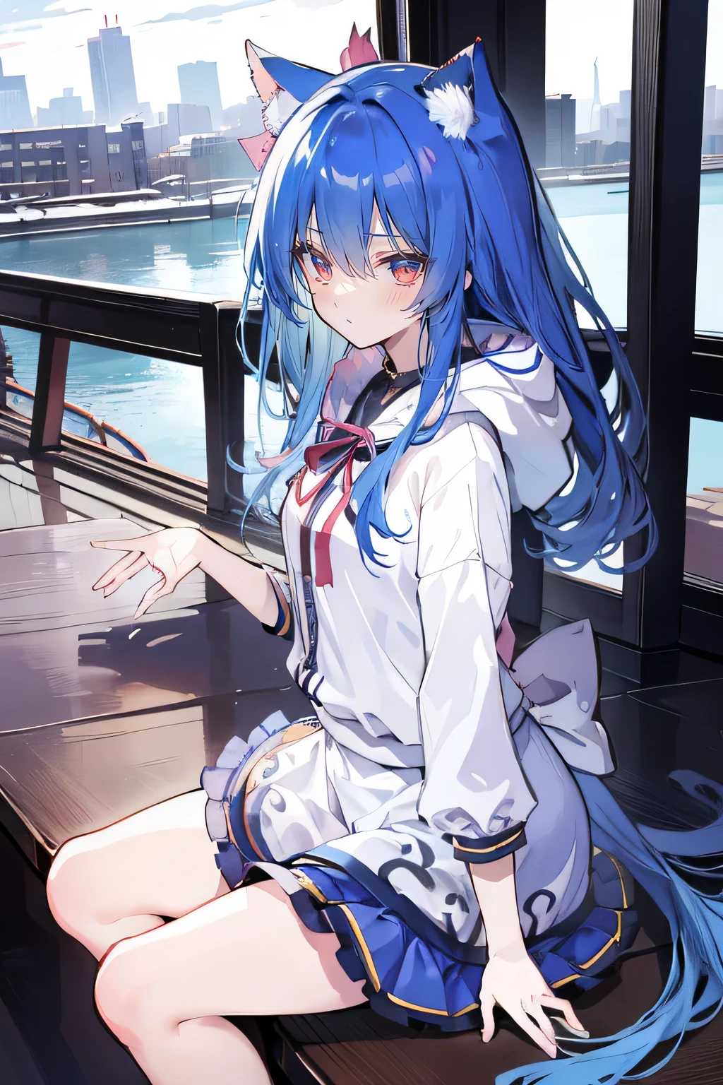 （masterpiece：1.2），Super detailed，lifelike，Expressive eyes，fair skin，perfect face shape，1 girl，
Japanese comics,Gorgeous blue hair,flowing blue hair,flowing clothes,Cat ears,Petals fall,beautiful lola,Baby Angel,
Shaking head with one hand，Cross your legs，Gentle and peaceful background，The pavilion is cool and comfortable,smile, wearing hoodie, background of tokyo,back views,heavy snowing, winter.
