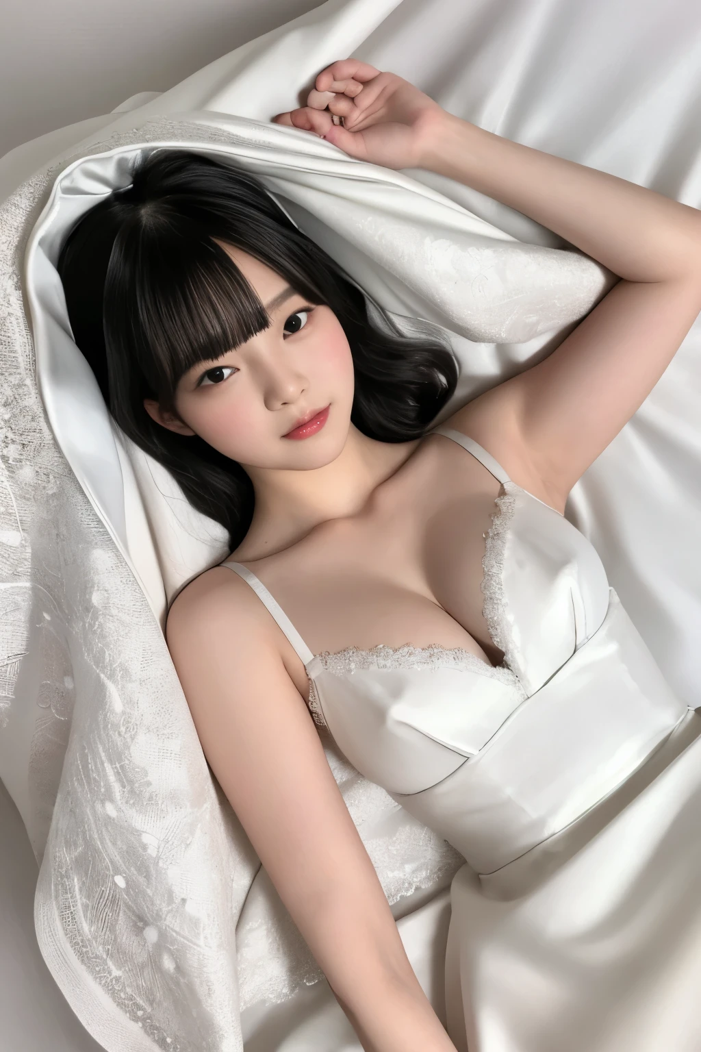 Masterpiece、highest quality、Woman 1、Super detailed、Top view、Gravure idol Black Hair、Straight Hair、Light bangs Wedding dress、White Veil Lying on white sheets、Lie on your back、Gravure pose、Lying Pose、Spread your arms White sheets background