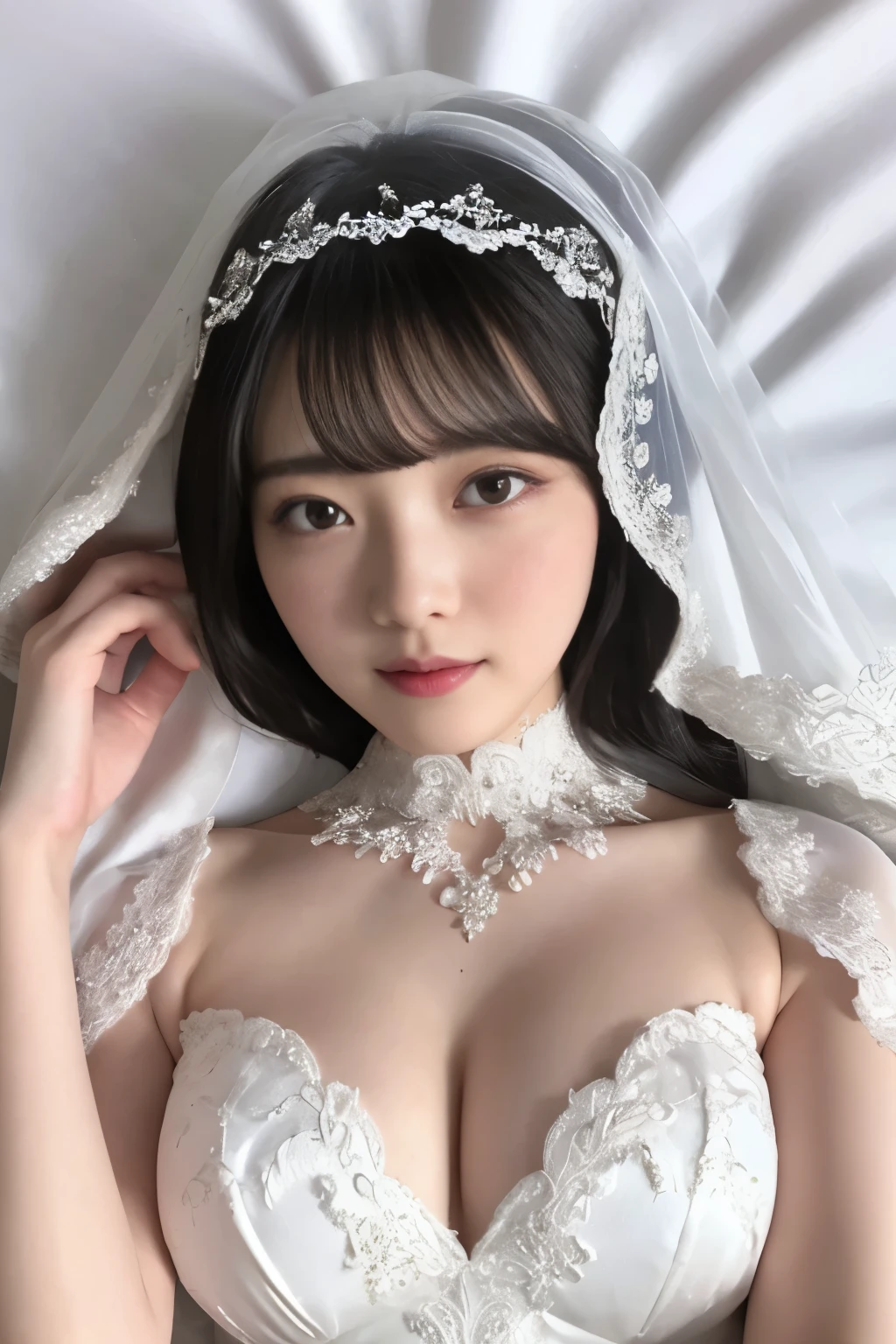 Masterpiece、highest quality、Woman 1、Super detailed、Top view、Gravure idol　Black Hair、Straight Hair、Light bangs　Wedding dress、White Veil　Lying on white sheets、Lie on your back、Gravure pose、Lying Pose、Spread your arms　White sheets background