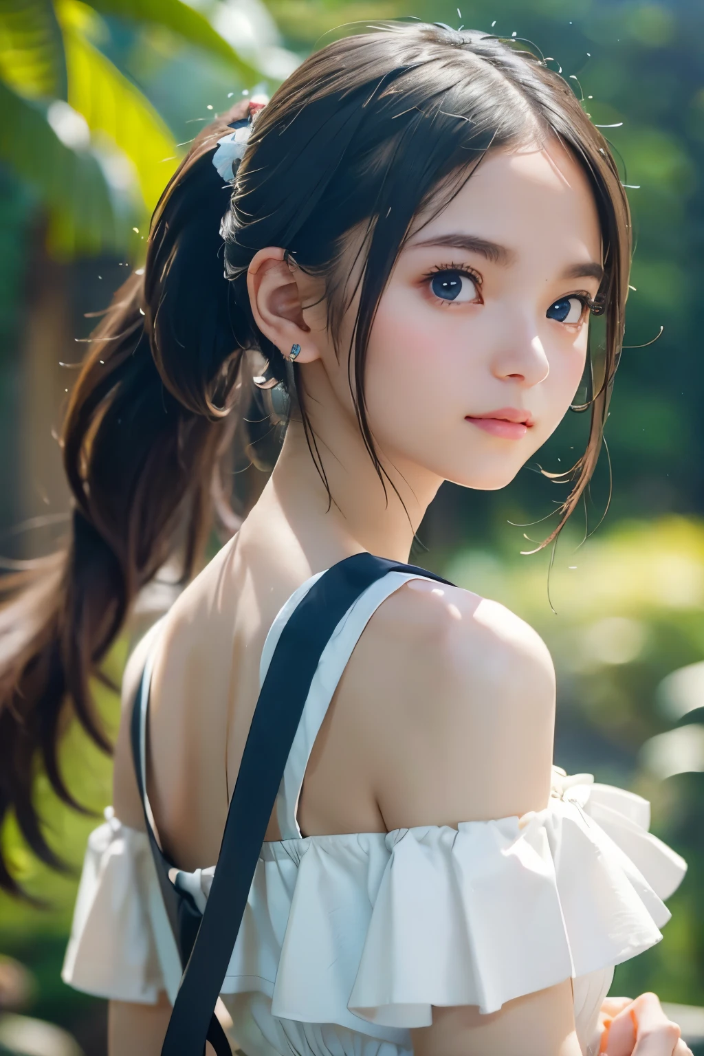 （（White off-the-shoulder top dress:1.6))、Long ponytail hairstyles、Image from chest up:1.6)、Close-up portrait of a woman wearing earrings, Soft Portrait Shot 8K, Nice delicate face, High-quality 4K portraits, High-quality portraits, Soft and perfect white skin, 8K highly detailed face, なBeautiful feces繊細な顔, Beautiful feces光の大きな目, Beautiful and realistic face, Beautiful feces１４1 year old female, Beautiful and realistic face, cute１４1 year old female