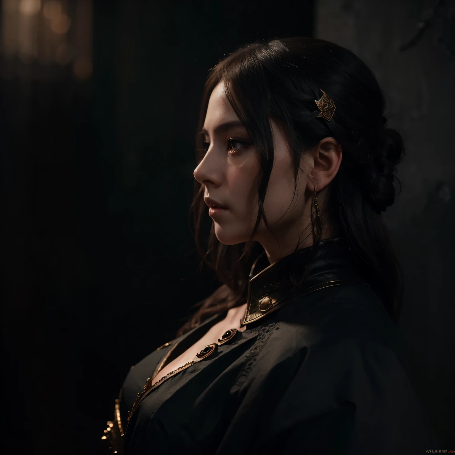 4k, 8k, masterpiece, best quality, upper body, 1girl, looking at viewer, black hair, short hair, purple eyes, sexy outfit ,massive perfect breast, black kimono, indoors, dimly lit, the age of the actress is 23 years old, open bust,, ((sexy woman)), vintage, dark atmosphere,,, highly detailed skin texture, extreme details,,, open coat,, (((medival style))), vintage, dark atmosphere,dark colors,,,