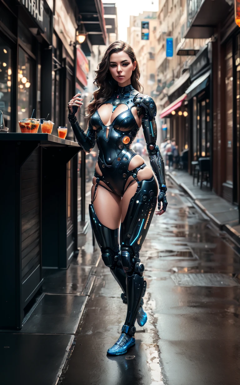 Sexy female cyborg erotically sitting at a table in a sidewalk cafe, foot on foot, (Best quality, 4K, 8k, A high resolution, masterpiece:1.2), absurdity, masterpiece, ultra detailed, (realistic, photorealistic, photorealistic:1.37), complex parts, HDR, (complex parts:1.12), (hyper detailed, hyper realistic, Soft lighting, spicy:1.2), beautiful figure, Magnificent Anatomy, (complex part, Hyper detailed:1.15), Smooth skin,