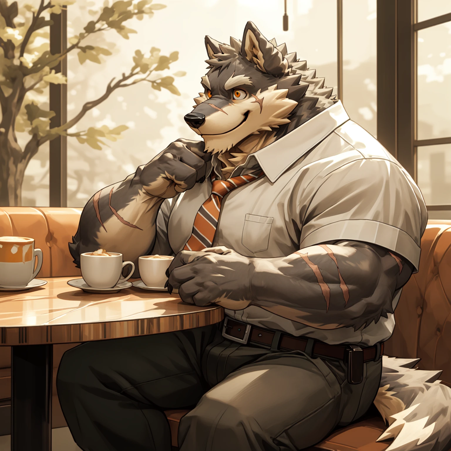 New Jersey 5 Furry，Wolf，portrait，Exquisite，Robust， Thick arms，Rugged muscles，Gray plush fur，Orange Eyes，Cafe，General，Scars on the body，White shirt，Red tie，Pants with belt，Sitting on the sofa by the window，Hands on the table with chin supported，Looking outside alone，Relax，Smile