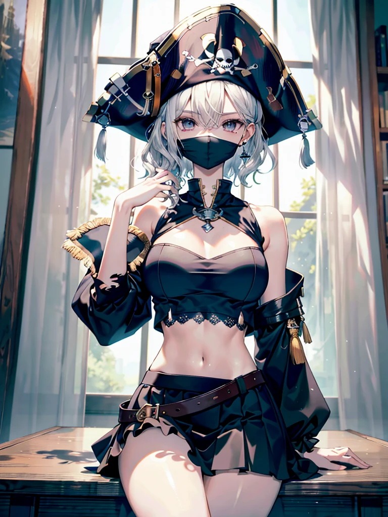 absurdres, RAW photo, extremely delicate and beautiful, masterpiece, Best Quality, ultra high resolution, 32k, hyperrealistic, ultra-detailed, perfect anatomy, anatomically correct, perfect figure, super Detailed skin, 20 years old, very Slim body, narrow waist, very small head, very small face, delicate facial features, detailed face, detailed eyes, tearful mole, earring, thin legs, bare legs, ((very huge round breasts)), short medium hair, ((wavy hair)), wet clothes, ((Practical pirate clothing, Long-sleeved pirate top, Skirt,Torn pirate hat)),