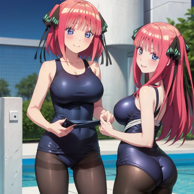 best quality, ultra-detailed masterpiece, anime art style, cute character, nino nakano, large breasts, blush, smile, one-piece swimsuit, pantyhose,