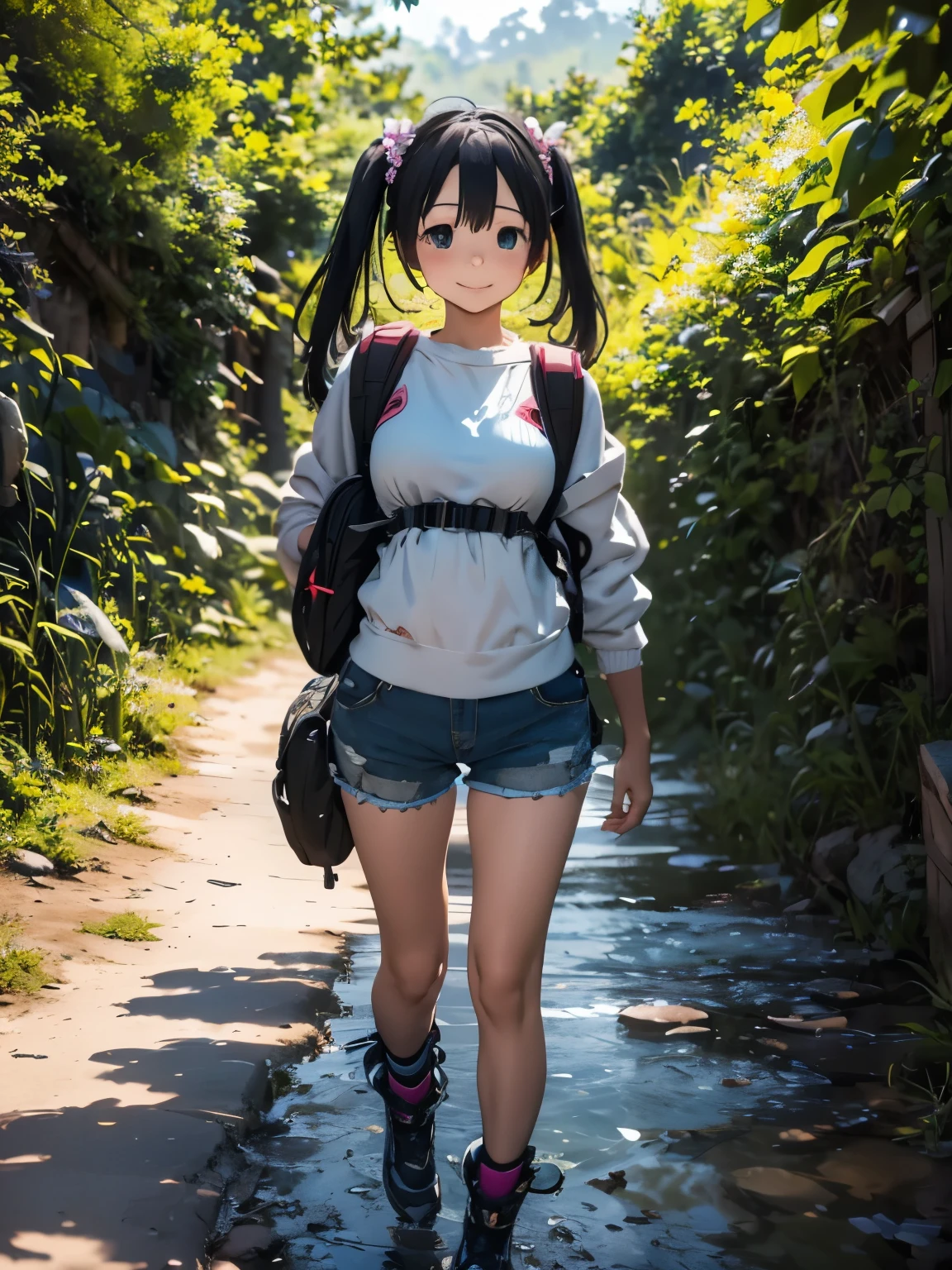 (masterpiece、highest quality、highest quality、Official Art、Beautiful and beautiful:1.2)、(One girl:1.3)Hatsune Miku、Twin tails,Beautiful breasts,there is a Woman walking down a dirt road with a backpack, time to climb the mountain path, The blossoming road to heaven, White shorts and hiking boots, The Best of Adobe Stock, spring day, Woman walking, Shutterstock, Woman carrying backpack, Young woman in shorts