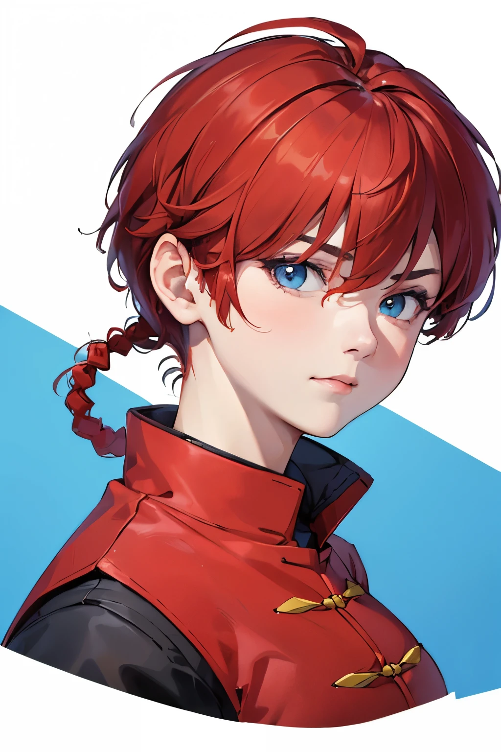 ((masterpiece)), high quality, very_high_resolution, large_filesize, full color, heavy outline, clear outline, colorful, (beautiful detailed eyes), ((beautiful face:1.0)), ((boyish face:1.4)), 1 girl, (femaleranma), (red hair), short hair, (braided ponytail), ((bangs)), bumpy bangs, blue-gray eyes, big breasts, curvy, femaleranma, braided ponytail, (red chinese clothes), sleeveless, tangzhuang, black pants, cameltoe, standing, upper body, ((from front:1.4)), ((portrait:1.8)), ((face focus:1.4)),