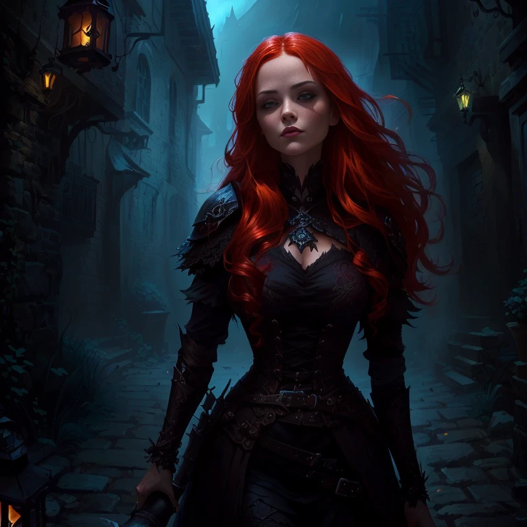 Redhead woman holding a lantern in a dark alley, Dark fantasy art, in style of Dark Fantasy Art, gothic fantasy art, dark fantasy illustration, Dark Fantasy Art, Dark Fantasy Character Design, Realistic fantasy illustration, Fantasy art style, epic Fantasy art style, Neo-artcore and Charlie Bowter, Dark fantasy meets realism, Digital 2D Fantasy Art