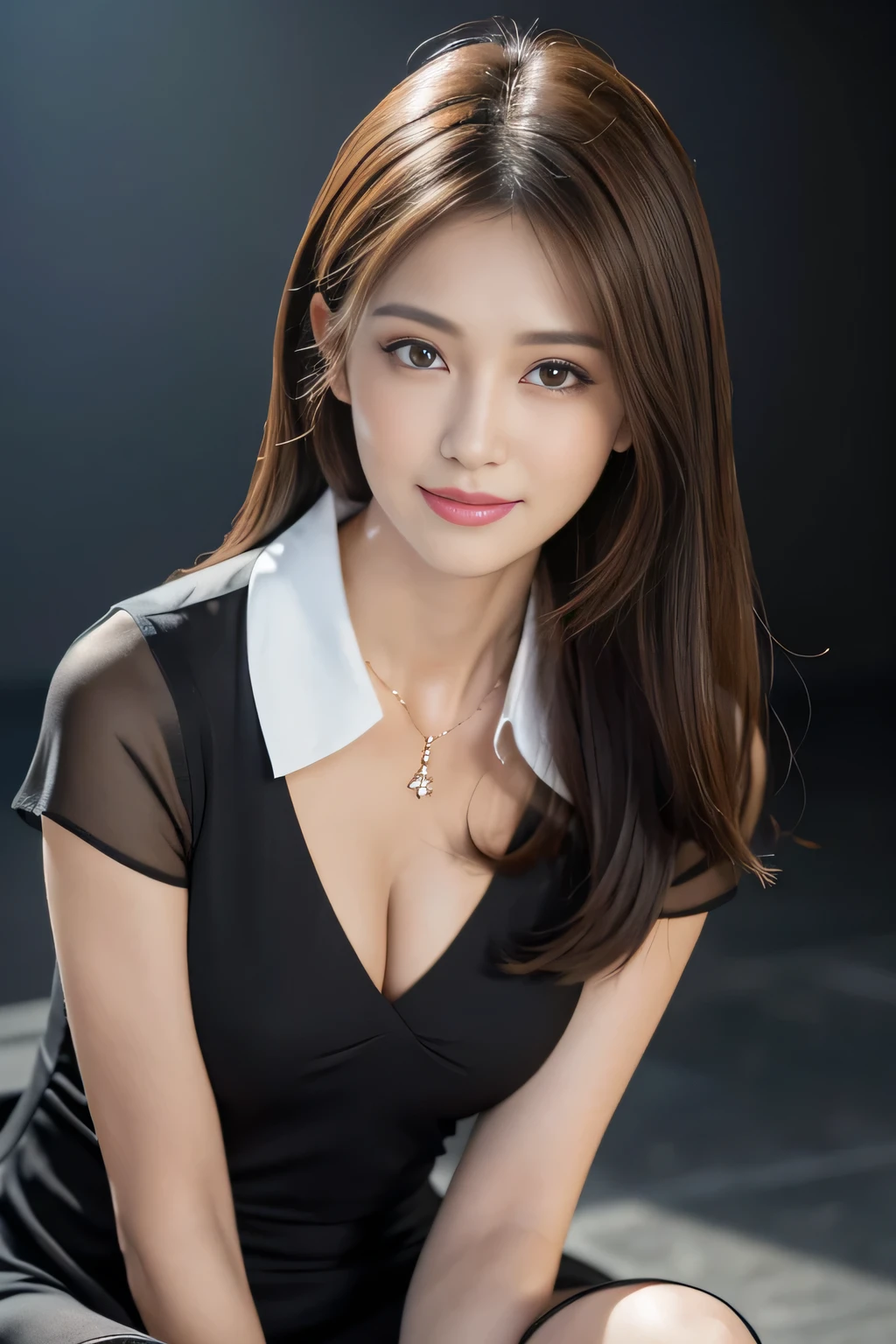 A woman in a black dress sitting on a chair - SeaArt AI
