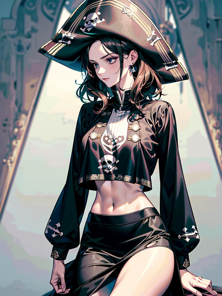 absurdres, RAW photo, extremely delicate and beautiful, masterpiece, Best Quality, ultra high resolution, 32k, hyperrealistic, ultra-detailed, perfect , anatomically correct, perfect figure, super Detailed skin, 20 years old, very Slim body, narrow waist, very small head, very small face, delicate facial features, detailed face, detailed eyes, tearful mole, earring, thin legs,  legs, ((very huge round )), short medium hair, ((wavy hair)), wet clothes, ((Practical pirate clothing, Long-sleeved pirate top, Skirt,Torn pirate hat)),