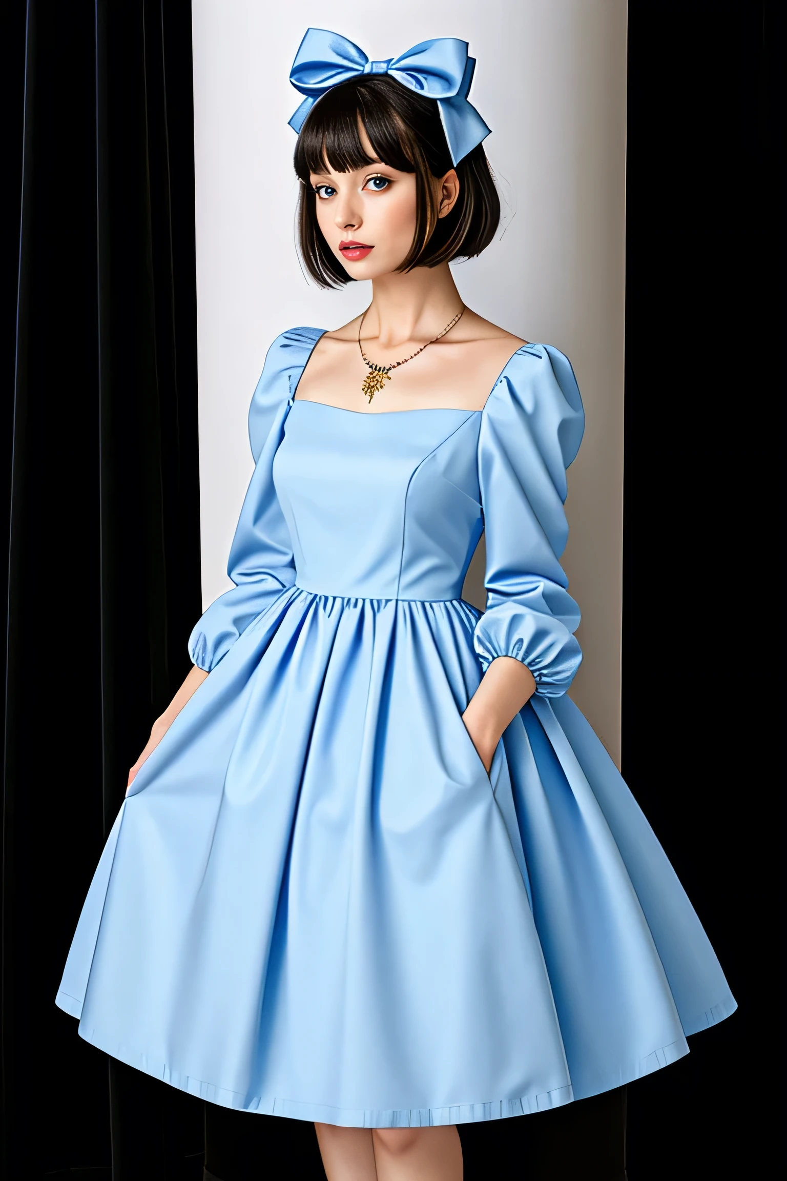 ((masterpiece), (Realistic), highest quality:1, High resolution, 4K, super High resolution), One girl, dress, view your viewers, lanthanum, long sleeve, red dress, candy, bangs, alone, Puffy sleeves, blue eyes, black bow, Gray Hair, bow, short hair, jewelry, Juliet Sleeve, Lollipop, blush, Mouth closed, hair bow, Full body portrait,