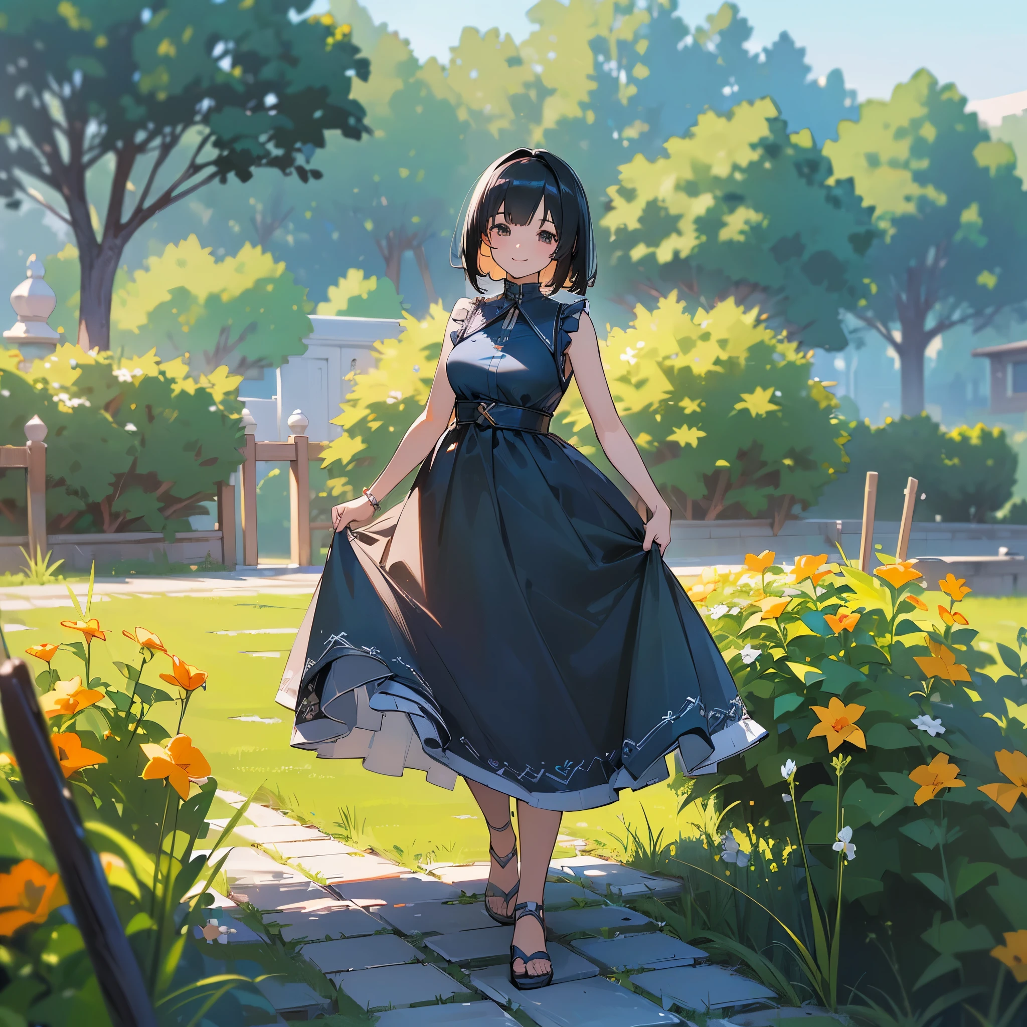 (high quality, High resolution, Very detailed, reality:1.37), Peaceful atmosphere, (Outdoor, garden), Teenage girl standing alone, (my breasts are big.), Beautiful details, Cute Smile, (Black bob hair), Blue sleeveless dress, Sandals.