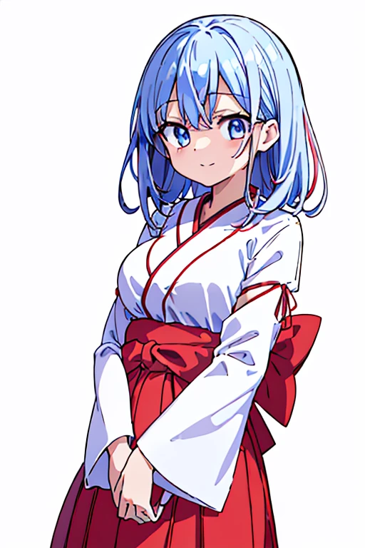 highest quality　High resolution　 {Red too:1.35},シンプルなShrine maiden服　Shrine maiden服　(white background white groundless background:1.5),　Long short hair　Drooping eyes　Anime style illustrations　Beauty　Shrine maiden　Cute eyes　smile　Scarlet hakama　Dark blue eyes 　One Woman　Light blue hair　Shortcuts　　Wide sleeves　Long hem　Looking up　Big Breasts　