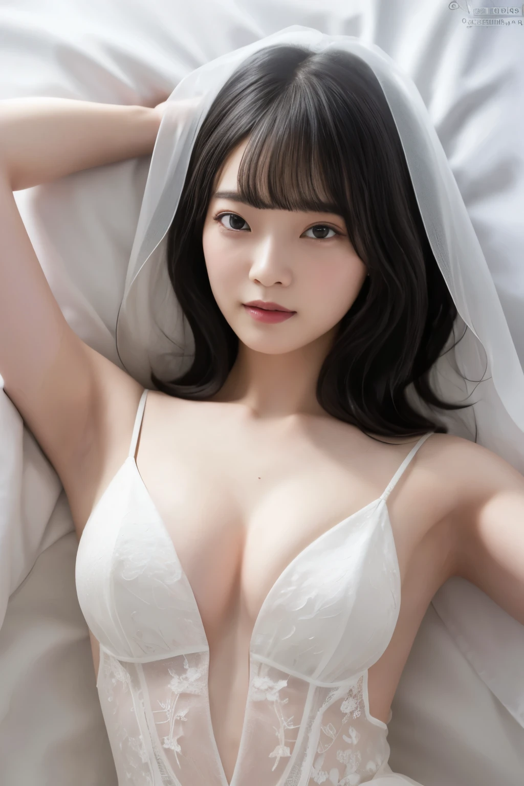 Masterpiece、highest quality、Woman 1、Super detailed、Top view、Gravure idol　Black Hair、Straight Hair、Light bangs　Wedding dress、White Veil　Lying on white sheets、Lie on your back、Gravure pose、Lying Pose、Spread your arms　White sheets background